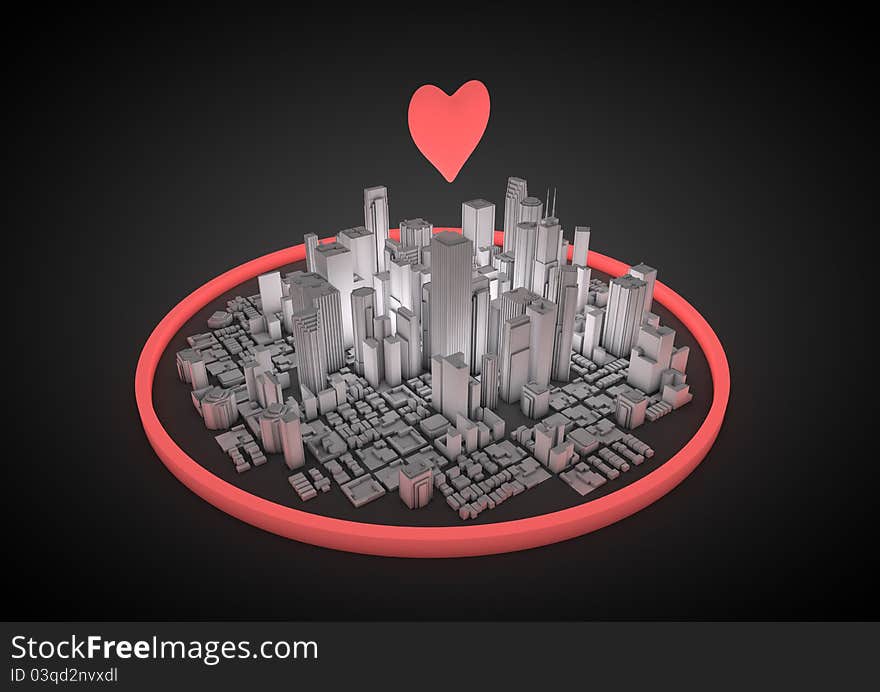 Render of a city with a floating heart. Render of a city with a floating heart