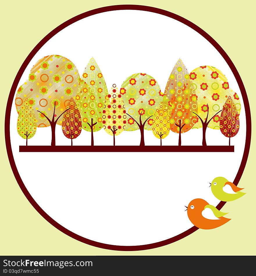 Abstract colorful autumn tree and bird greeting card. Abstract colorful autumn tree and bird greeting card