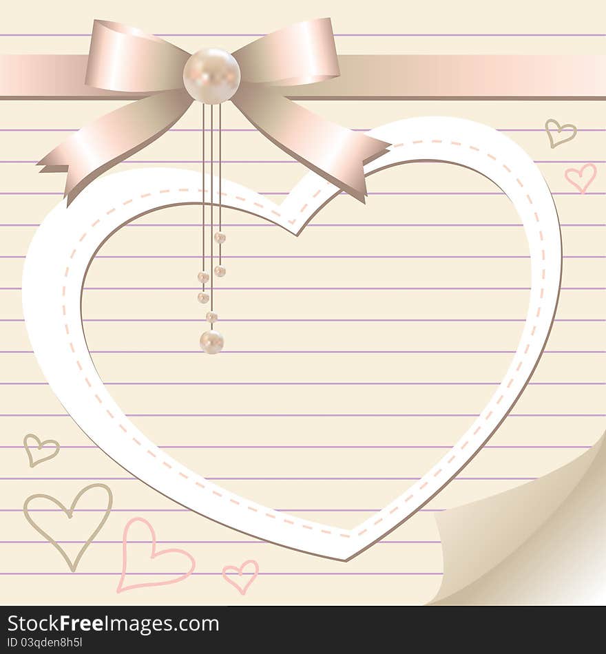 Romantic frame with pearl and bow on old paper page