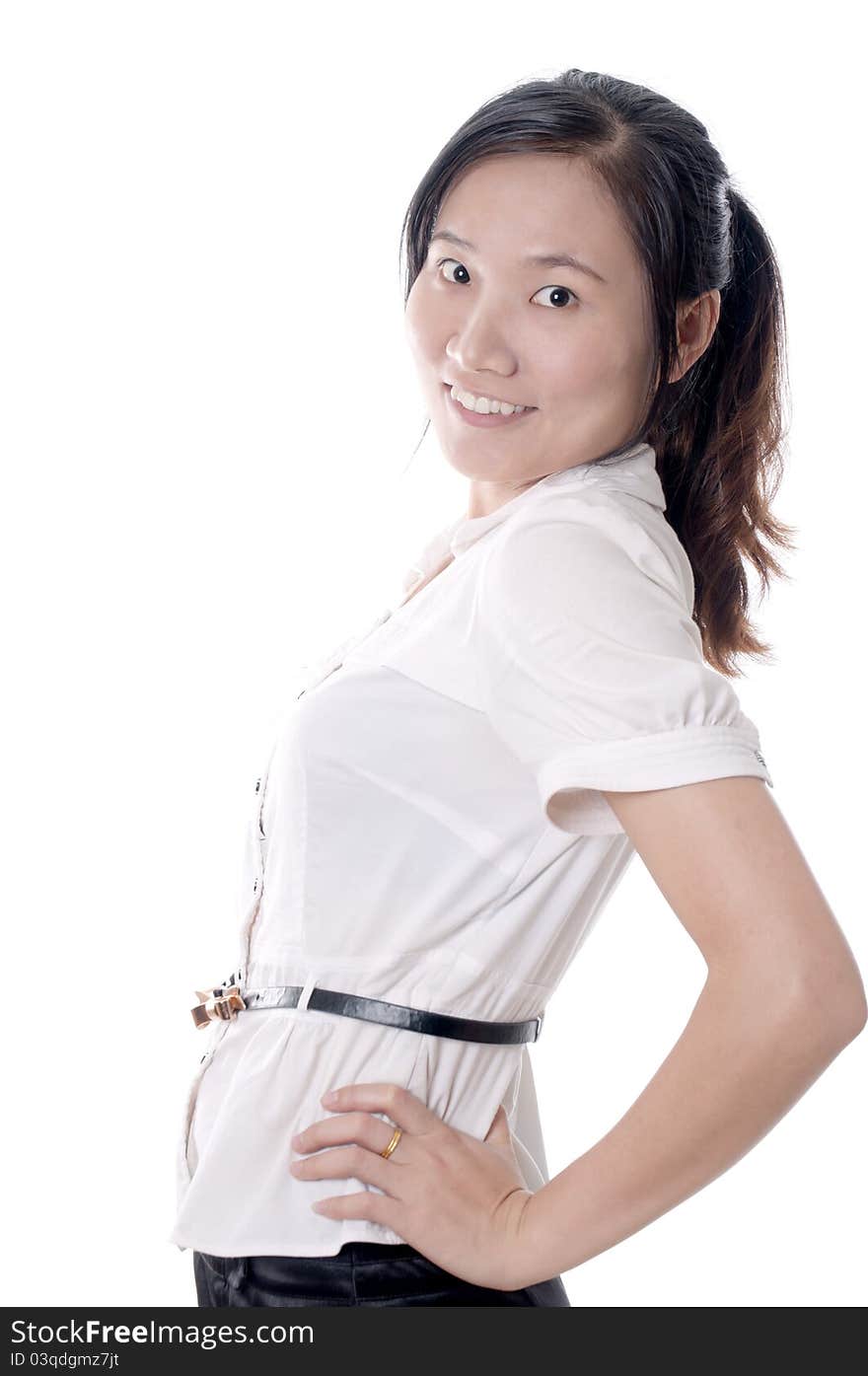 A young sassy asian business woman with white blouse isolated. A young sassy asian business woman with white blouse isolated