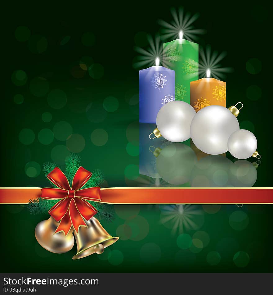 Abstract Christmas green greeting with candles and gift ribbons