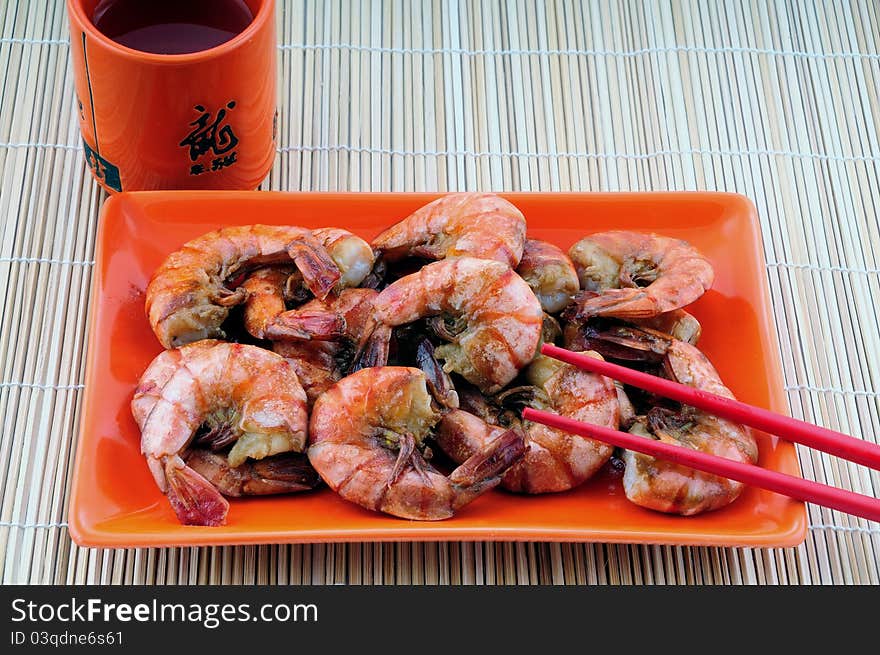 Japanese traditional cuisine. Fried shrimps