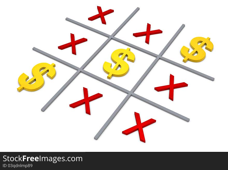 The popular tic tac toe game with the dollar symbol winning (3d render)