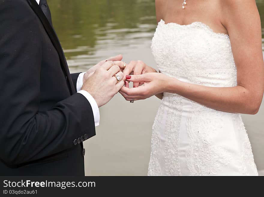 Wedding couple are swearing lifetime loyality in the park in the wedding ceremony