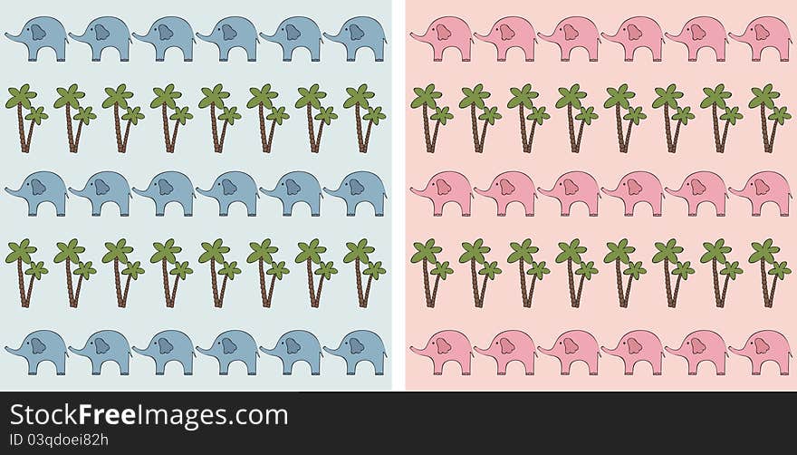 Seamless baby background. Pink and blue elephants and palm trees