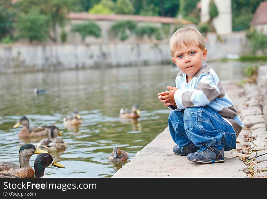 Cute little boy feeding ducks in the pond in a city park. Germany
