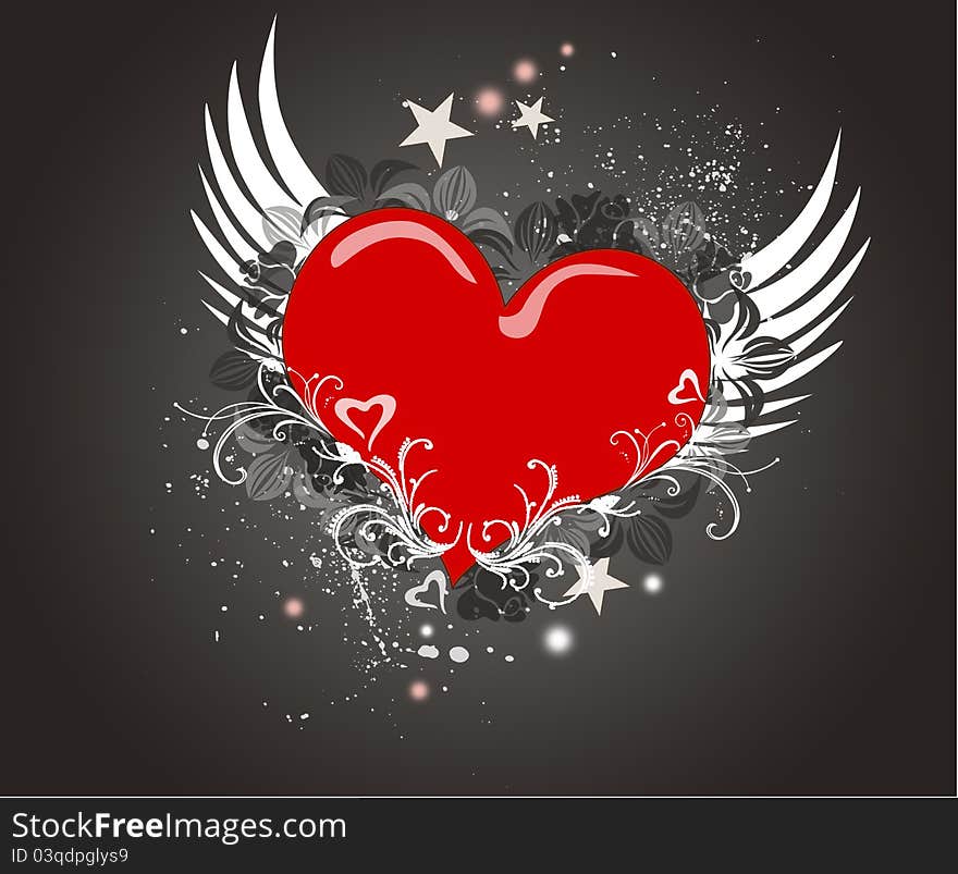 Red and hearts with floral elements on the sunburst background. Red and hearts with floral elements on the sunburst background