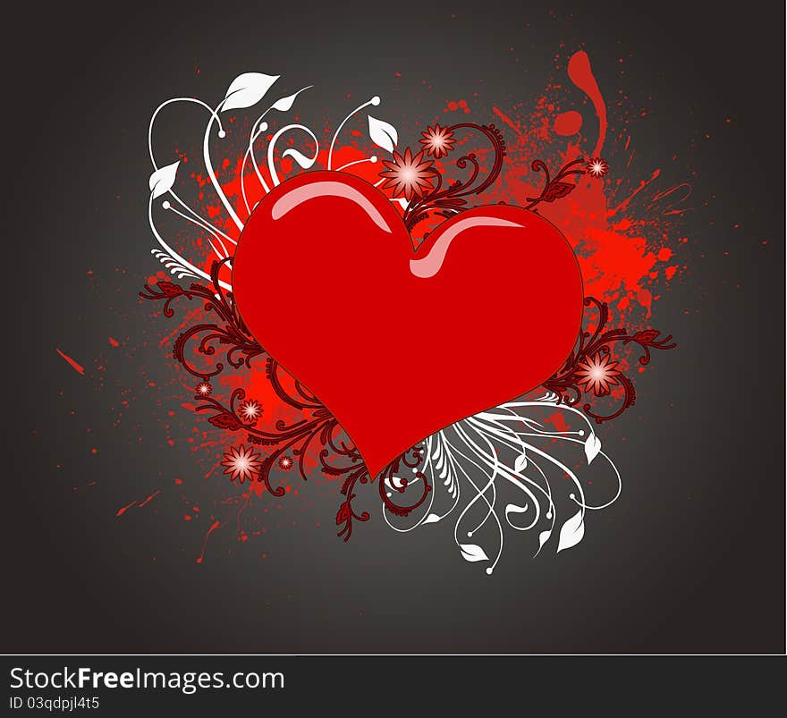 Red and hearts with floral elements on the grunge background. Red and hearts with floral elements on the grunge background