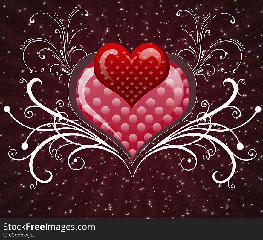 Red and hearts with floral elements on the sparkling background. Red and hearts with floral elements on the sparkling background