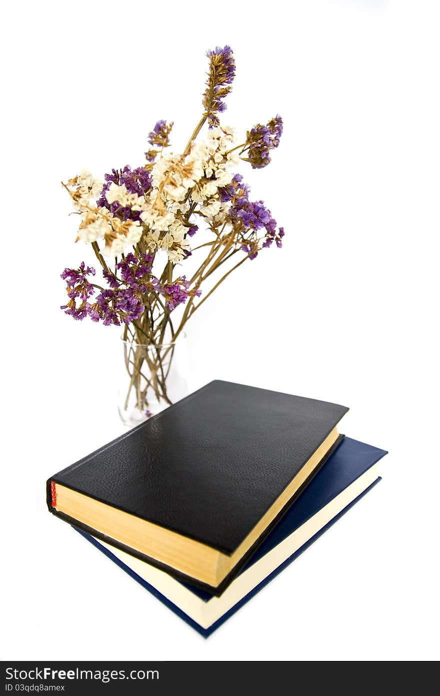 Dried flowers, and books on white background. Dried flowers, and books on white background