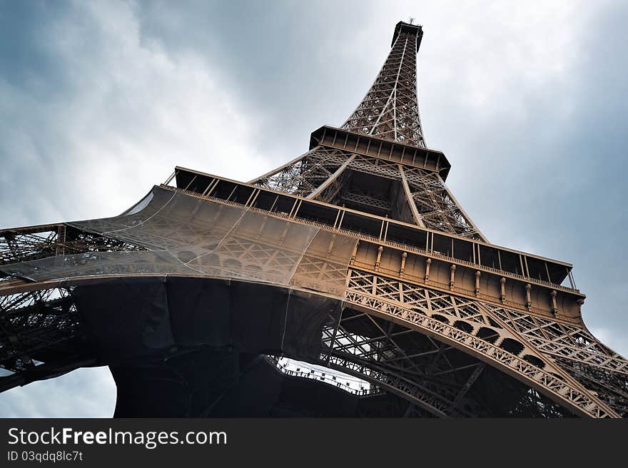 Eiffel tower in lower position. Photo with wide lens. Eiffel tower in lower position. Photo with wide lens