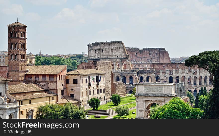 Antique edifices and Colosseum in the ancient part of Rome