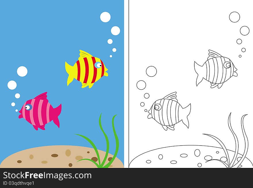 Coloring page book with fish underwater