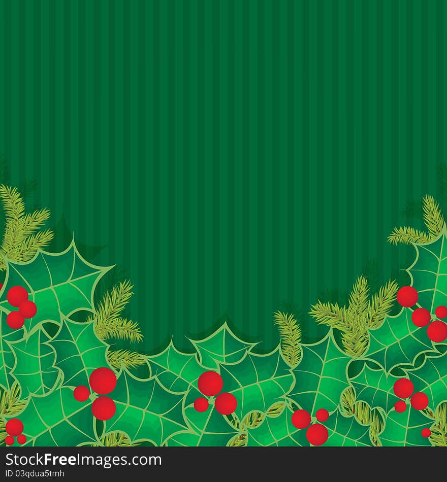 Christmas Background With Holly Berry Leaves