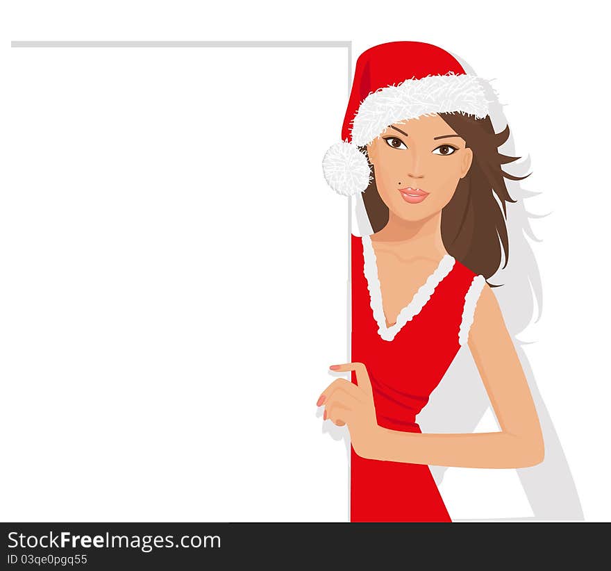 Beautiful santa girl in red dress and christmas hat holding a sign for your information and design