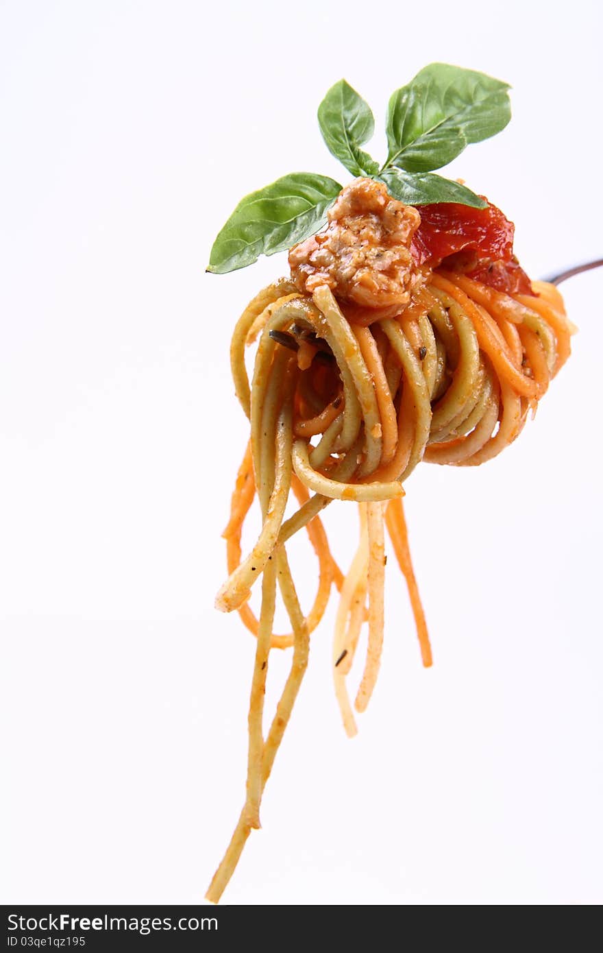 Spaghetti bolognese on a fork