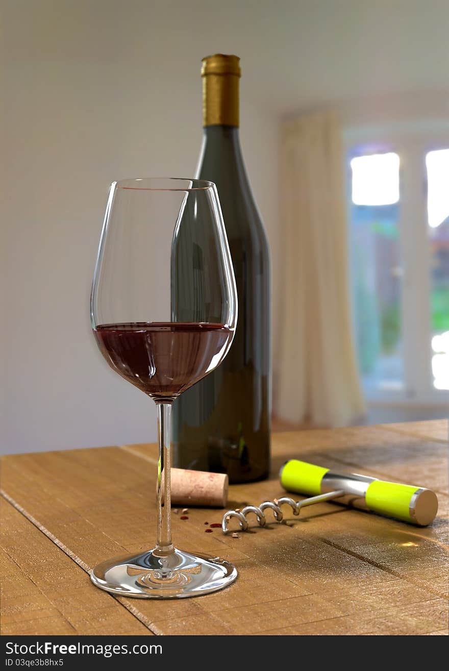 Glass of red wine with corkscrew, cork and bottle in the background. Glass of red wine with corkscrew, cork and bottle in the background