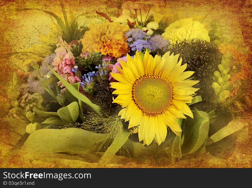 Arrangement of mixed flowers in retro style