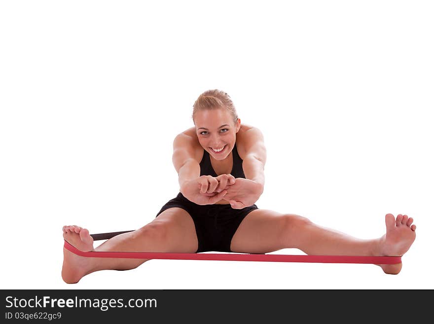 A young woman with a stretch band