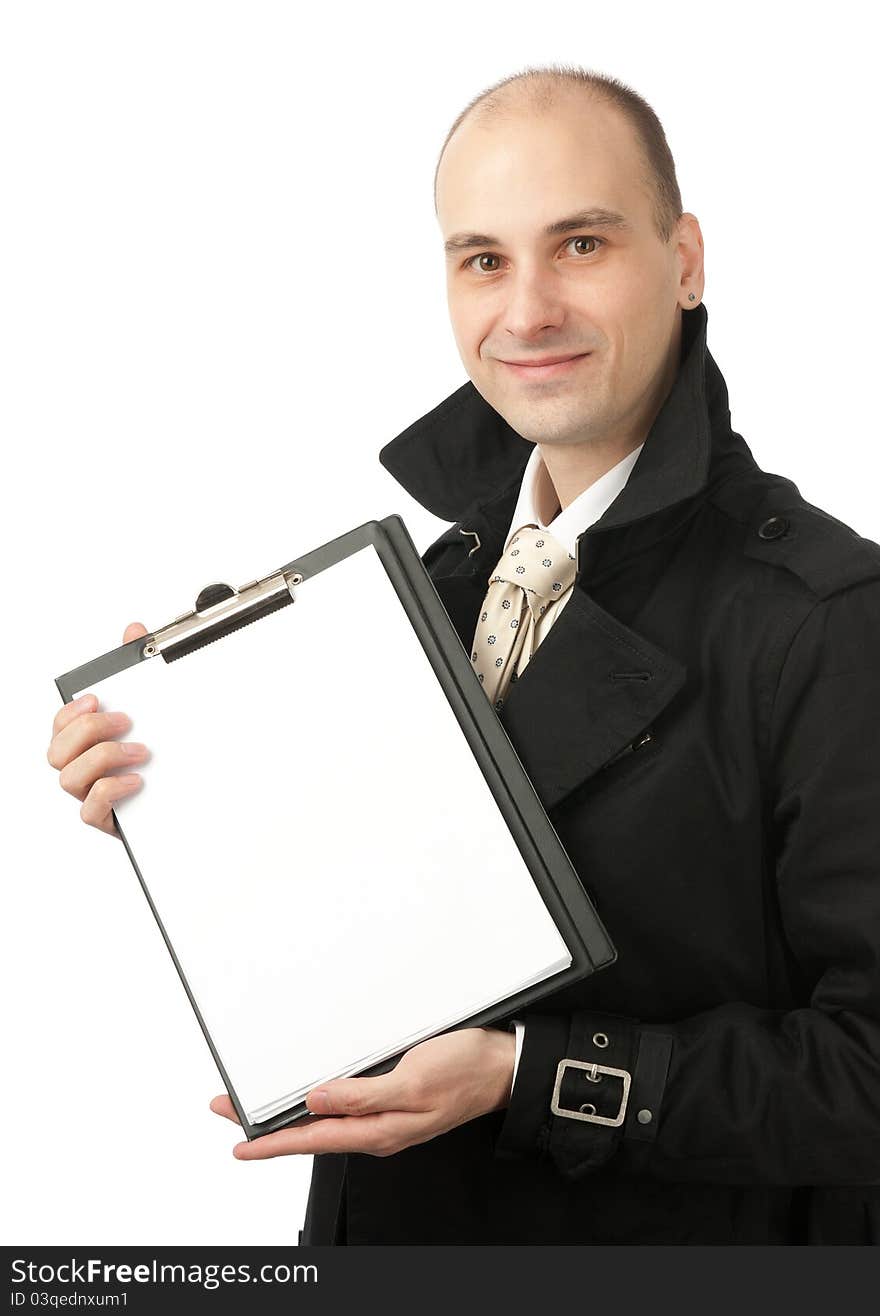 Businessman Holds A Blank Paper Sheet