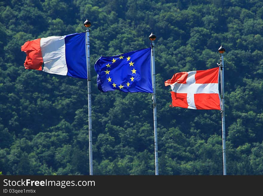 France European Union Savoy flags fluttering in the wind. France European Union Savoy flags fluttering in the wind