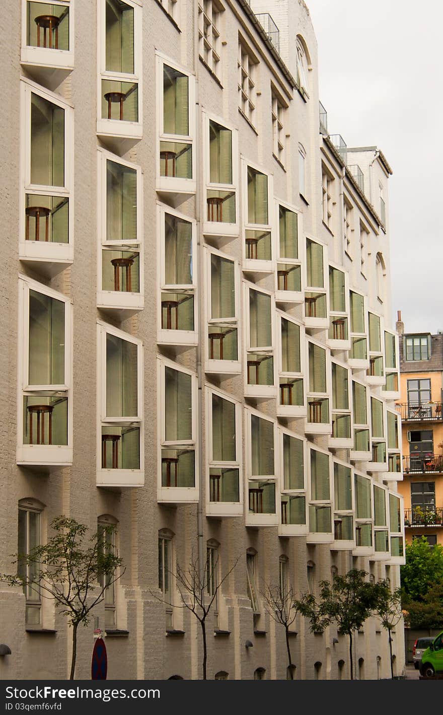 Geometric windows and tables of a hotel in Copenhagen, Denmark.