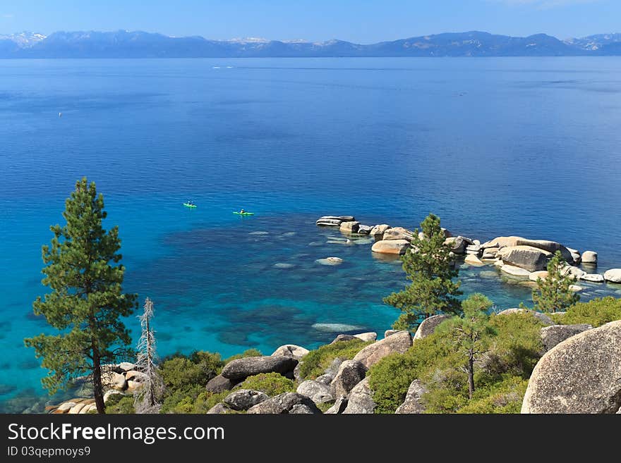 Beautiful Lake Tahoe overview with kayakers