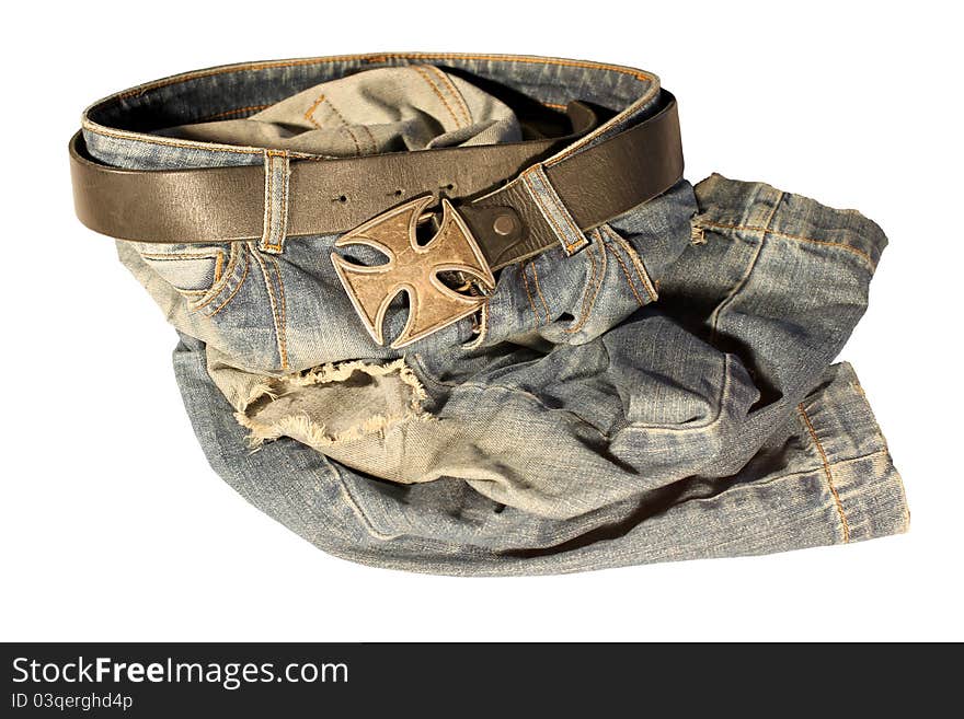 Blue jeans with old black leather strap and buckle the old bronz