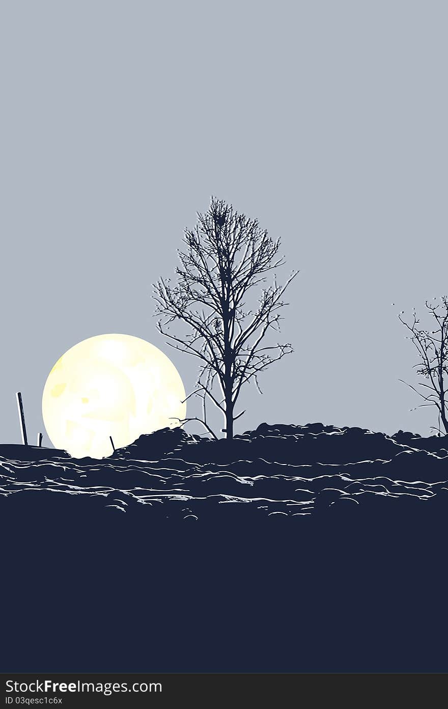 Tree and moon, illustration in blue and white