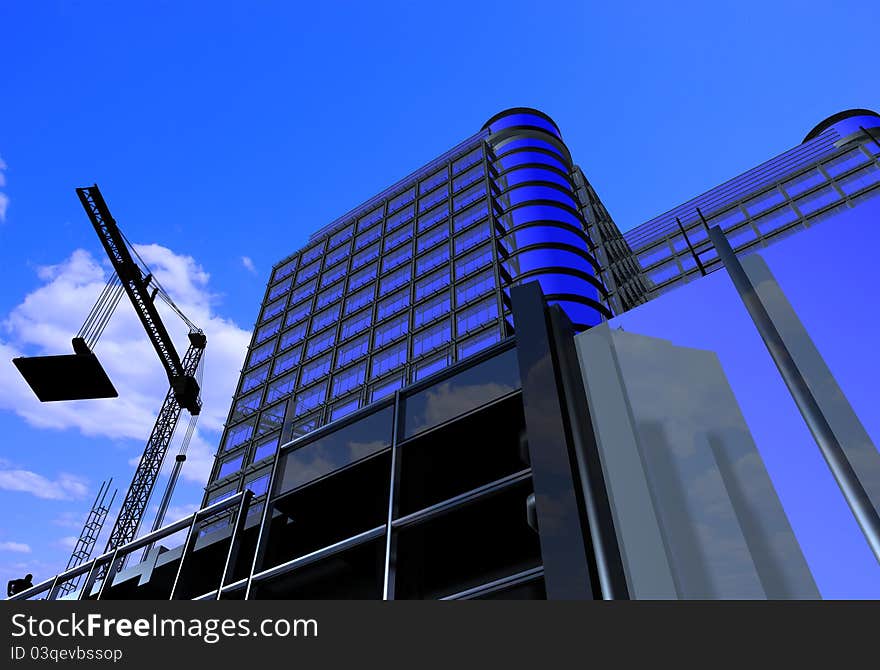 Skyscraper construction crane and a blue background.