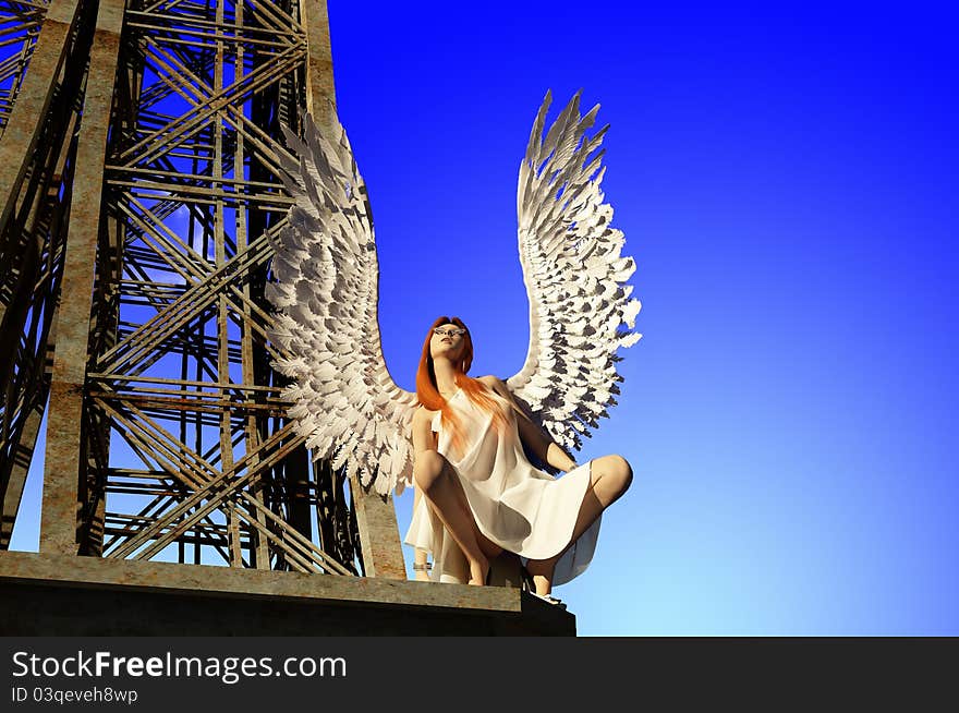 The girl with wings on a blue background. The girl with wings on a blue background.