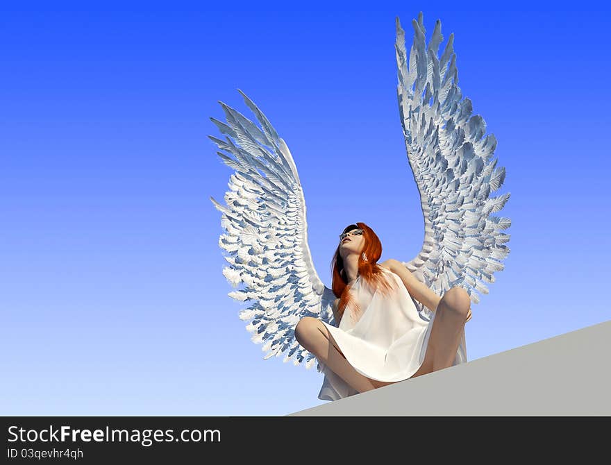 The girl with wings on a blue background. The girl with wings on a blue background.