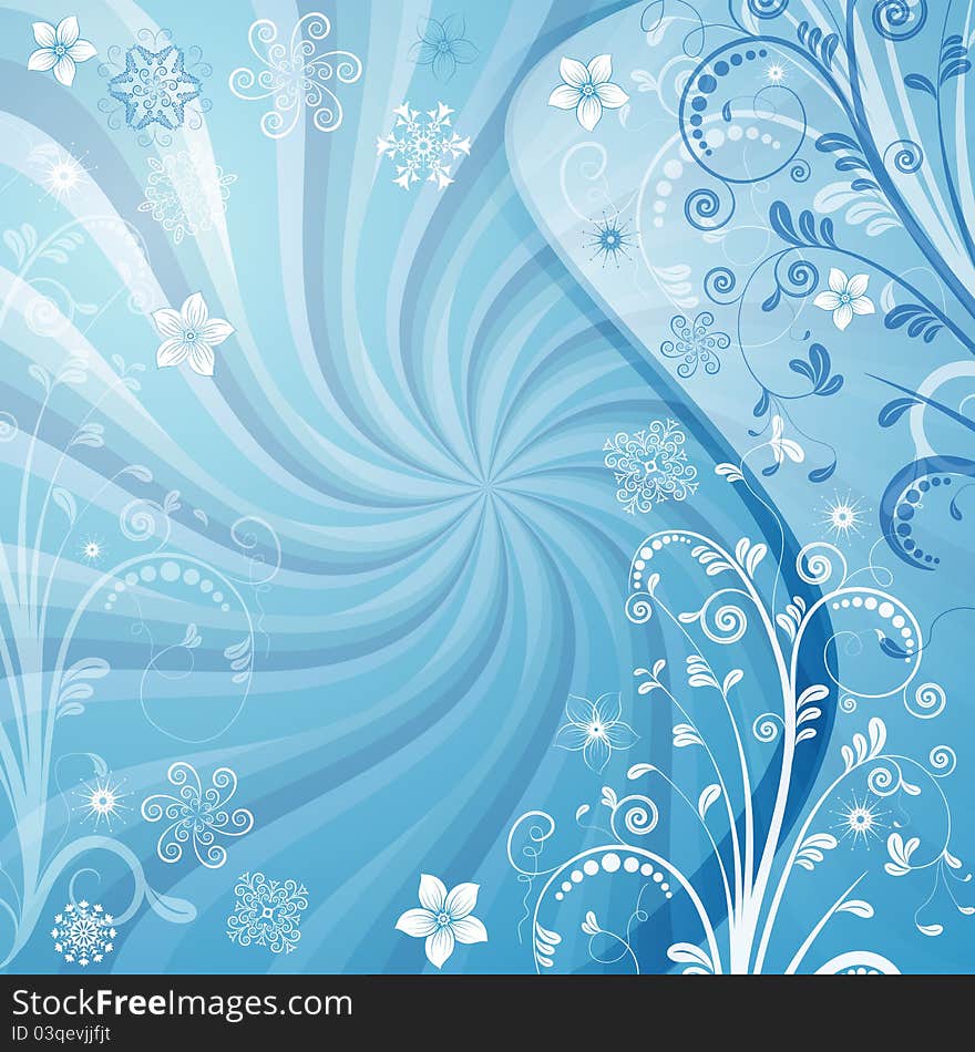 Gentle vector blue christmas frame with rays, snowflakes and flowers