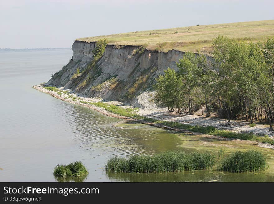 Landscape Nature Summer Grass Green Blue Clear Day Volga Water. Landscape Nature Summer Grass Green Blue Clear Day Volga Water