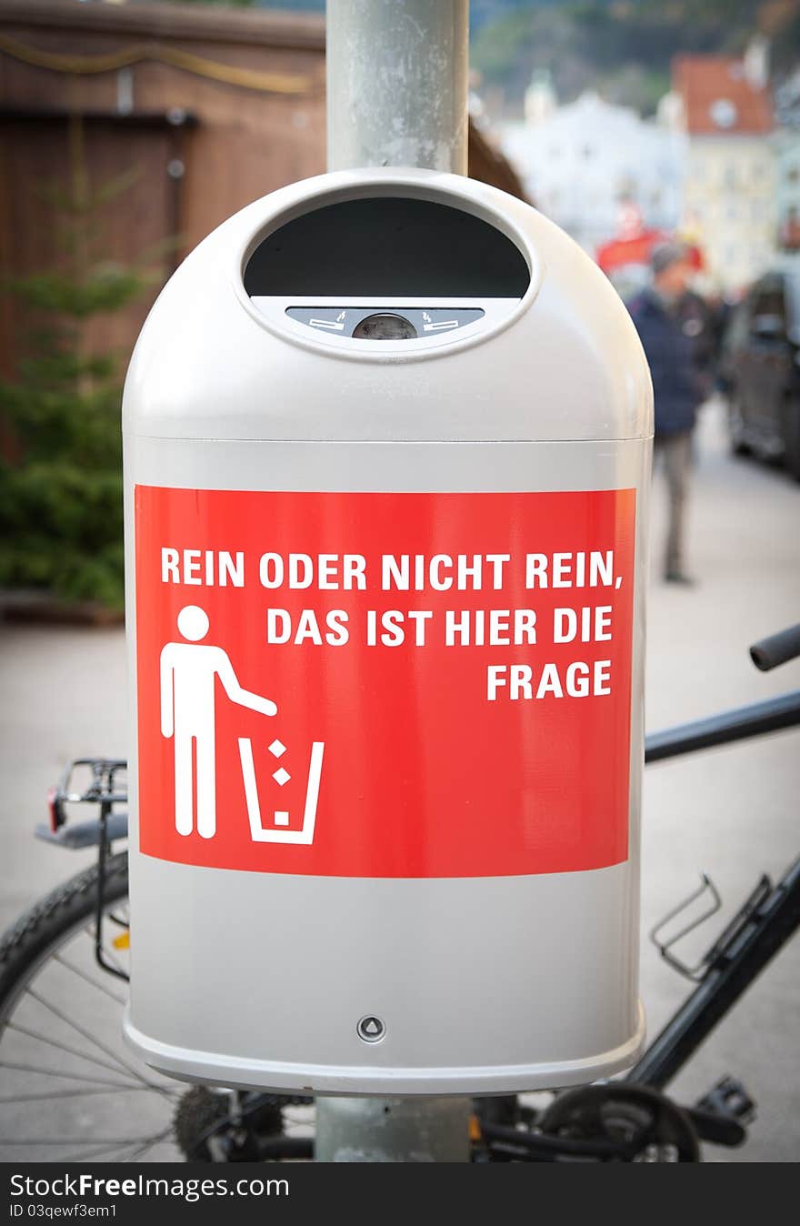 Dustbin in the City with German Phrase