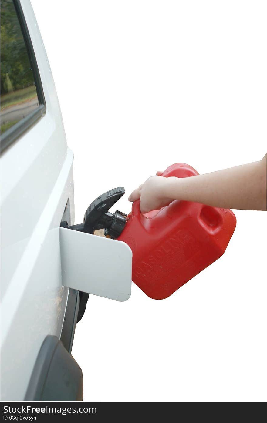 Hand holding gas can up to car isolated