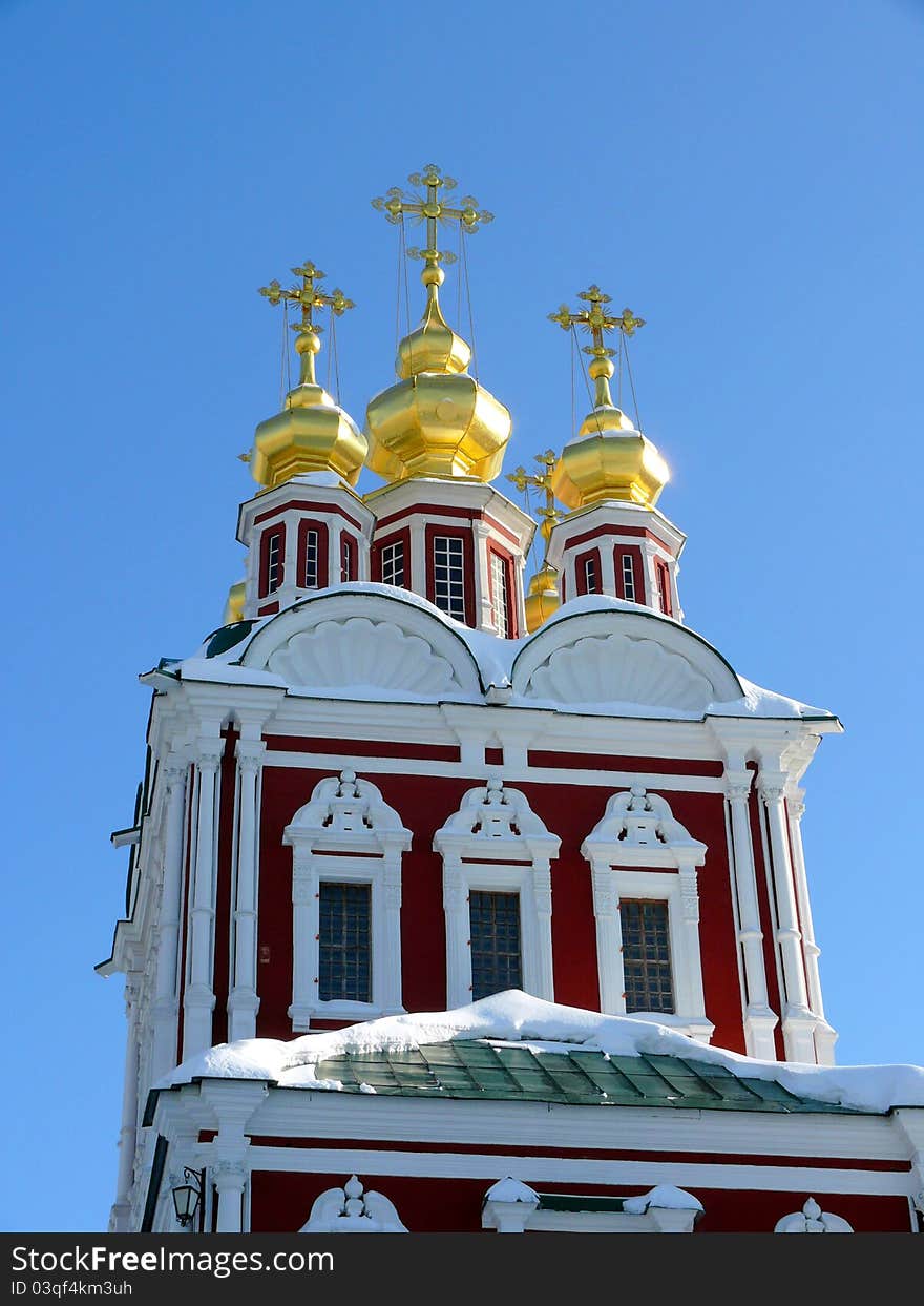 Chapel in Novodevichiy monatery in blue sky background