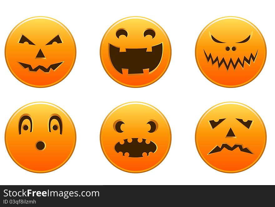 Six yellow Halloween icons with funny faces isolated on white