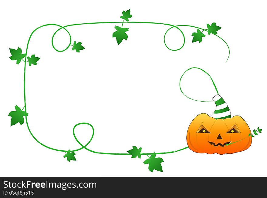 Halloween frame with orange funny pumpkin and green rod