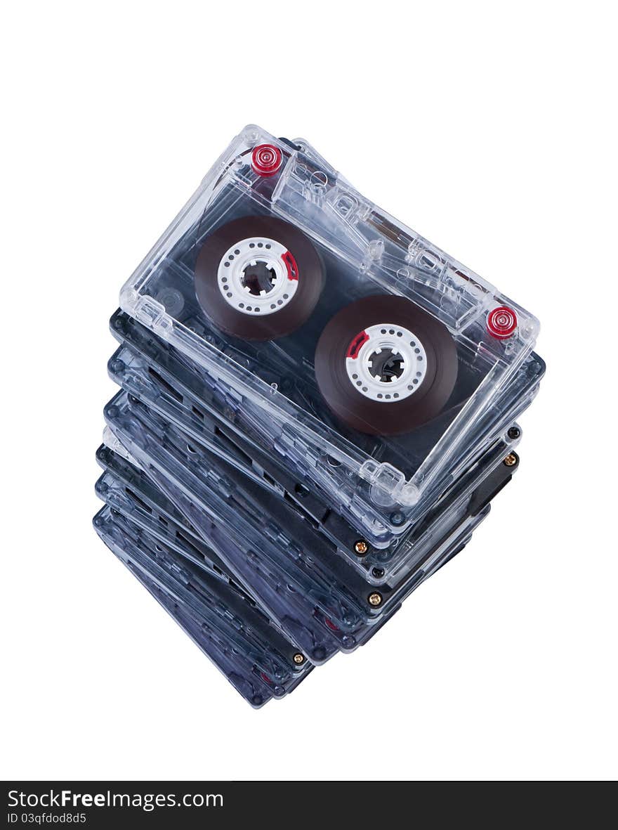 Big stack audio cassettes isolated.