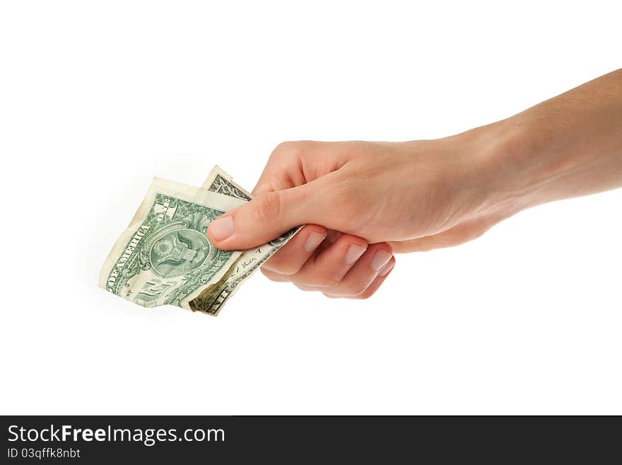 Young man holding one dollar in his hand on white background. Young man holding one dollar in his hand on white background