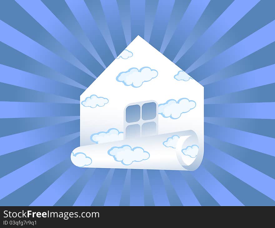 The Vector drawing of house. The Background blue sky rays. The house stylized as Roll of paper. Some clouds in it. The Vector drawing of house. The Background blue sky rays. The house stylized as Roll of paper. Some clouds in it.