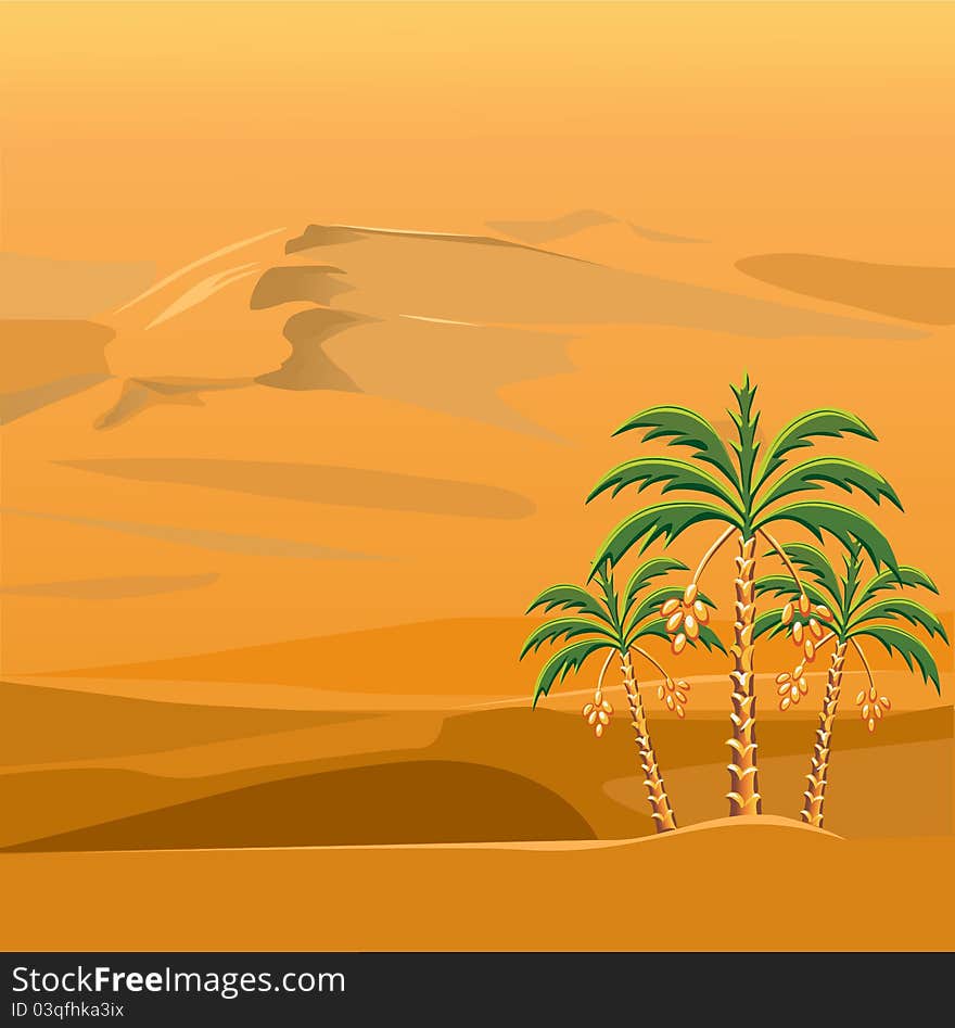 Three palm trees against a background of brightly sunlit sandy desert. Three palm trees against a background of brightly sunlit sandy desert