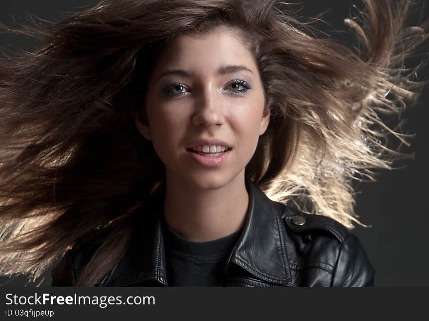 Studio shot of girl with flowing hair