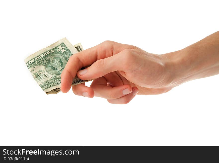 Young man giving a tip on white background