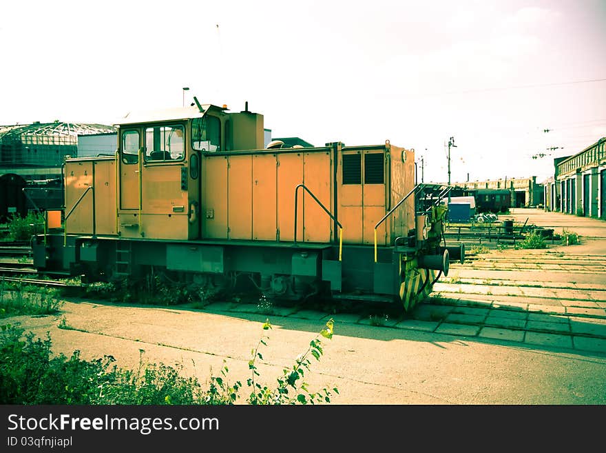 A locomotive on a trainstation near Solna in Sweden