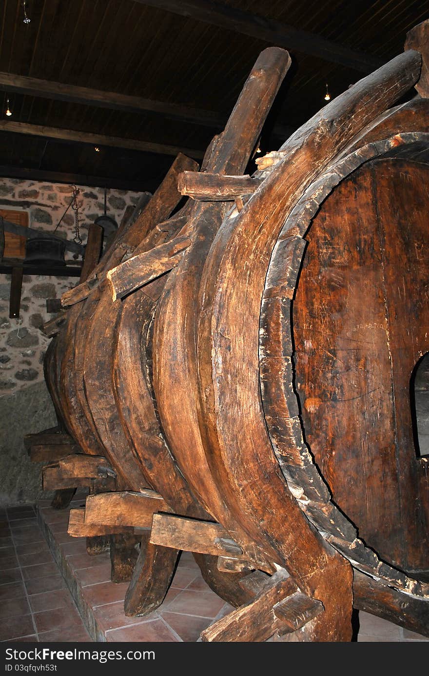 Old wooden barrel of wine in meteora monastery. Old wooden barrel of wine in meteora monastery
