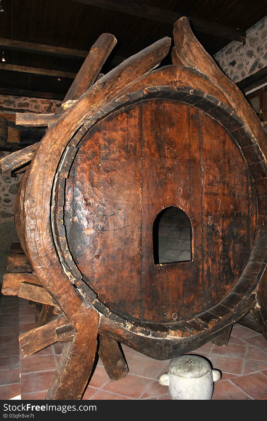 Old wooden barrel of wine in meteora monastery. Old wooden barrel of wine in meteora monastery