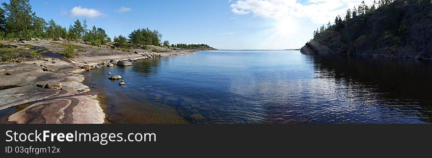 Karelian landscape, view of the lake Ladoga, the Rocks of karelia, a bay on the lake