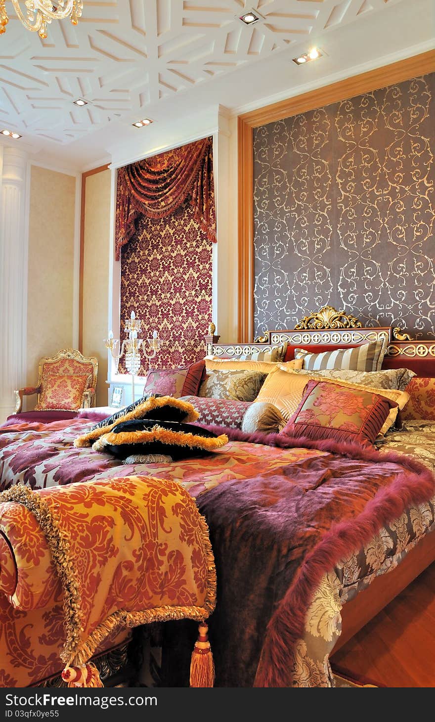 Bedroom in luxuriant and gorgeous decoration style, shown as classical, magnificent and comfortable living environment. Bedroom in luxuriant and gorgeous decoration style, shown as classical, magnificent and comfortable living environment.